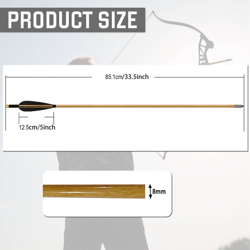 e5e10 33inch Wooden Arrows Handmade Tradition Target Arrows with Turkey Feather Fletching with Field Points for Recurve Bow Longbow Archery Practice 12PACK - Image 2